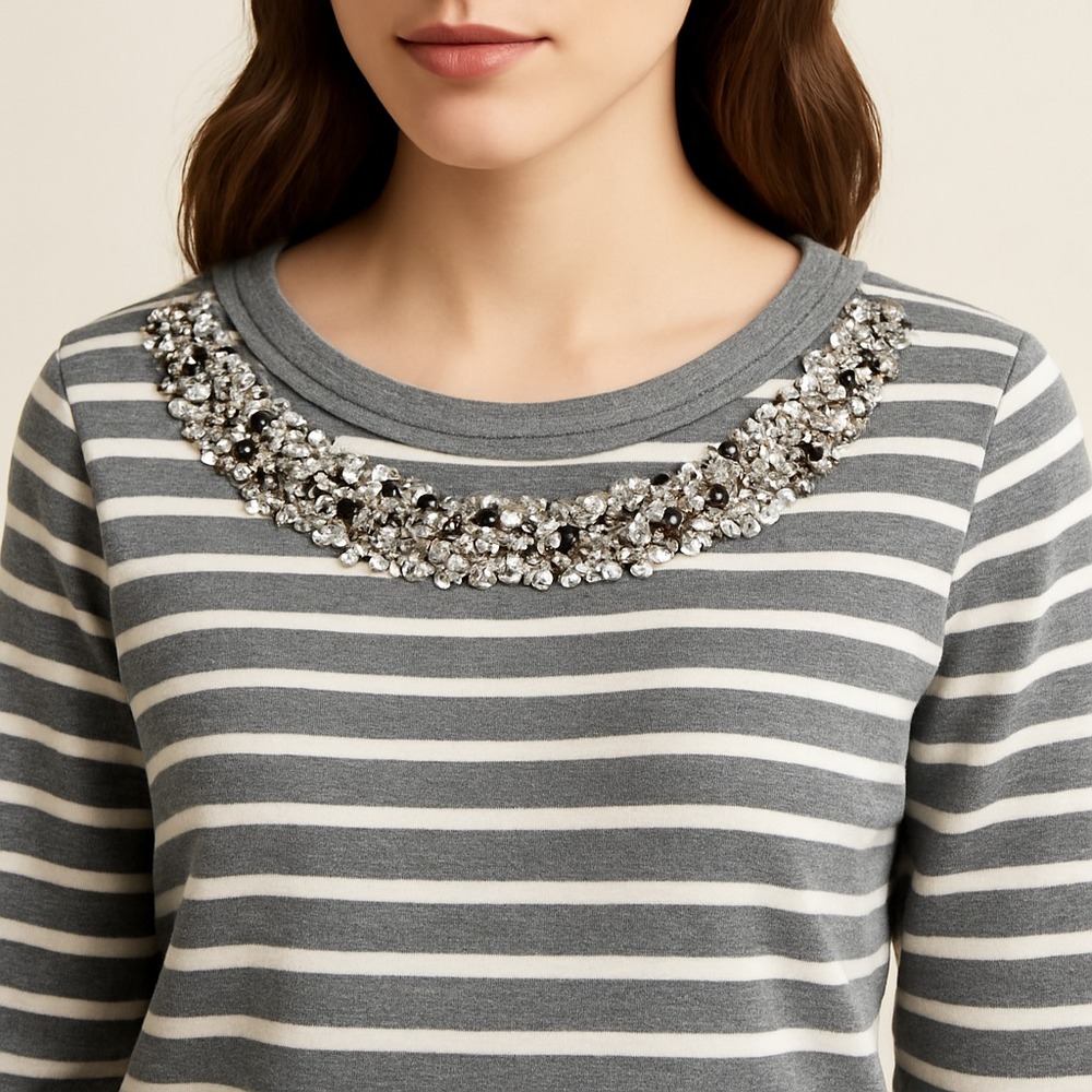 Chico's Womens L Gray White Striped Embellished 3/4‎ Sleeve Top Pullover